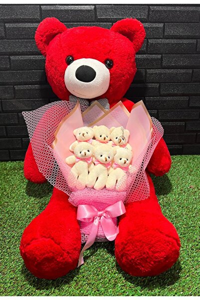 lenostra Hediye Sevgiliye 80cm Kırmızı Ayıcık ve 6lı Ayıcık Buketi - Sevgiliy...