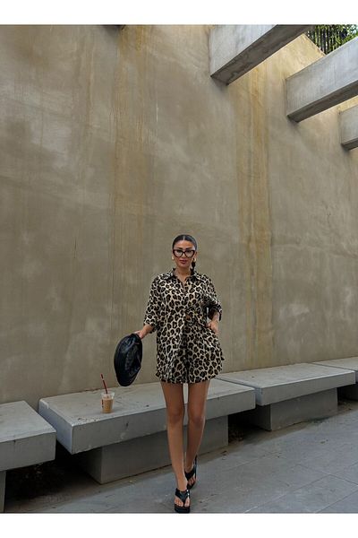LB Laluna Butik Női leopárdvászon megjelenésű szövet Oversize ing rövidnadrág szett