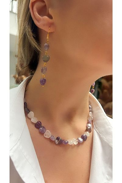 Kutcha Accessories Amethyst and Pink Quartz Stone Heart Necklace and Earring Set - Natural Stone Stylish Design