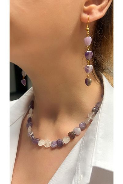 Kutcha Accessories Amethyst and Pink Quartz Stone Heart Necklace and Earring Set - Natural Stone Stylish Design