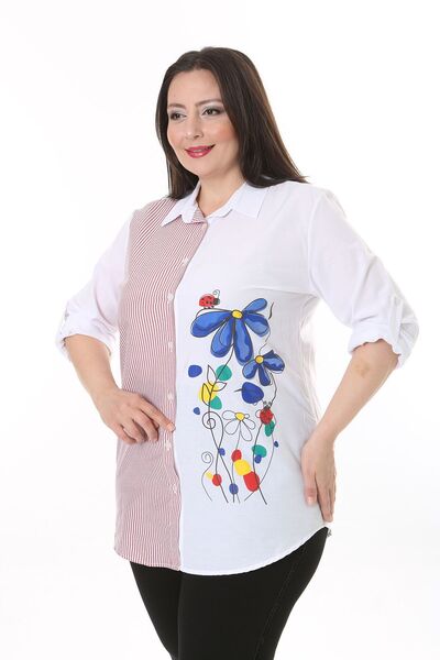 XL Modam WOMEN'S LARGE SIZE BURGUNDY STRIPED FLOWER PATTERNED SHIRT