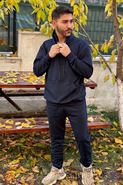 BayBayan Ανδρικό σετ φόρμας με κουκούλα Navy Blue 3 νήματα με βαμβακερή επένδυση