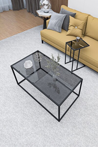 DEKOPRATİK - LİZBON ORTA SEHPA FÜME CAM & ALASKA C SEHPA FÜME CAM