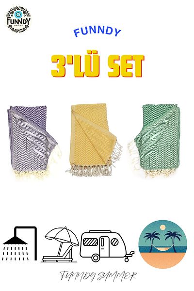FUNNDY Set of 3 Peshtemal Beach Towels - 100% Cotton, XXL 100x180cm, Summer