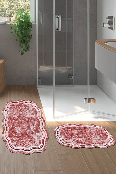 Alanur Home Laser Cut Djt 2 Pack Πλενόμενη αντιολισθητική βάση Χαλάκι μπάνιου Σετ Τουαλέτας 203 Φιγούρες Κόκκινο