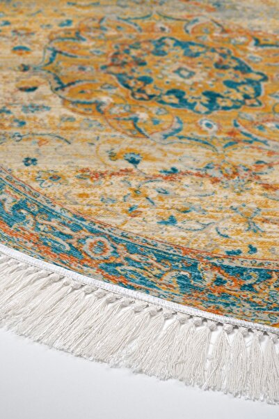Alanur Home Eko Trend Dijital Kaymaz Taban Salon Halısı P1356 Yuvarlak Vintage Turkuaz