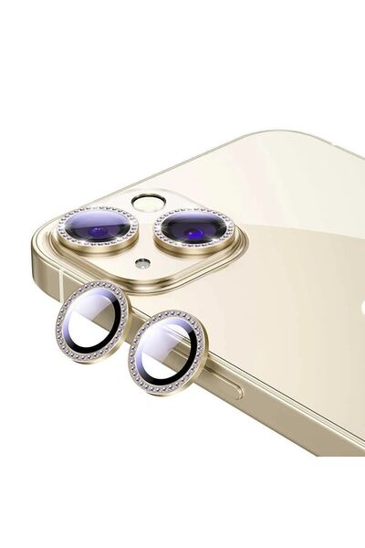 CONOCER Iphone 13 - 13 Mini Uyumlu Taşlı 3d Kamera Lens Koruyucu Gold 2'li Set