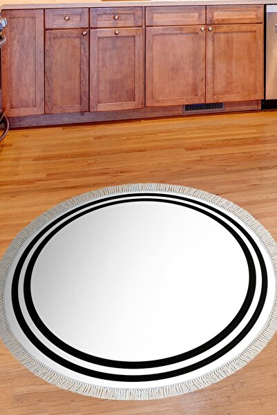 Alanur Home Eko Trend Dijital Yıkanabilir Kaymaz Taban 1696 Yuvarlak Salon Halısı Bordürlü Beyaz Siyah