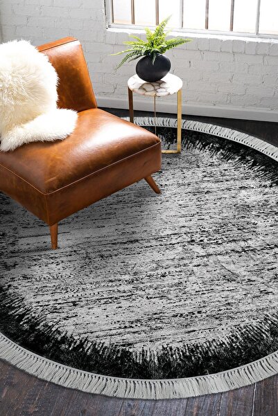 Alanur Home Eko Trend Kaymaz Taban Dijital Salon Halısı 1342 Yuvarlak Modern Siyah