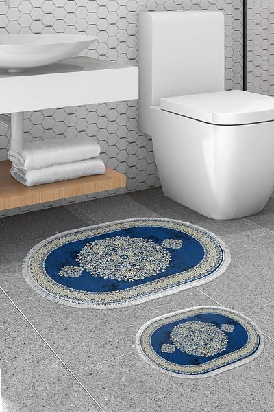 Alanur Home Set de 2 toalete pentru baie digitală cu franjuri, cu bază anti-alunecare Alanur Trend, albastru