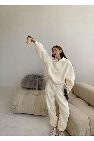 BayBayan Γυναικείο σετ φόρμας Oversize Cream - 3 κλωστές, βαμβακερό, τσέπες καγκουρό και ελαστικό πόδι