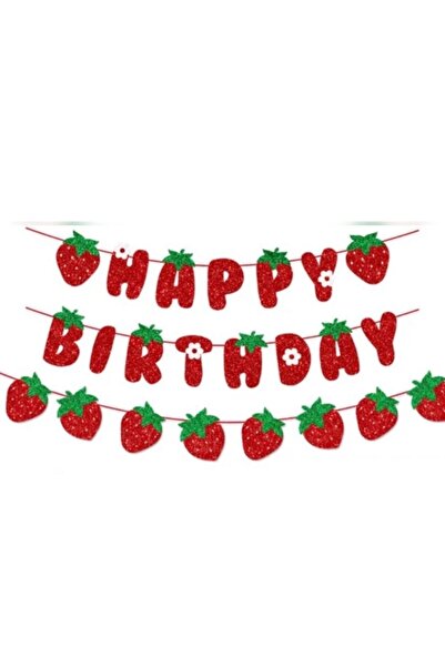 Çemrek Süs Parti Çilekli happy birthday yazısı ve çilekli flama seti