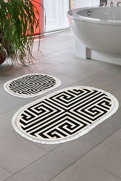 Alanur Home Eko Trend Djt 2 Pack Πλενόμενη αντιολισθητική βάση Οβάλ Χαλάκι μπάνιου 658m Μοντέρνο Μαύρο (50 X 80 - 40 X 50)