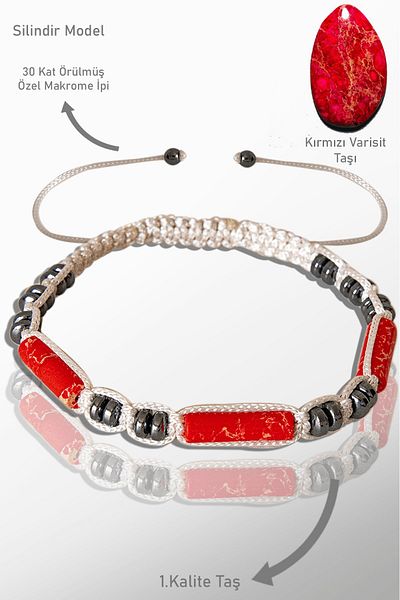 Tesbih Atölyesi Real Hematite - Red Variscite Stone Bracelet - Adjustable