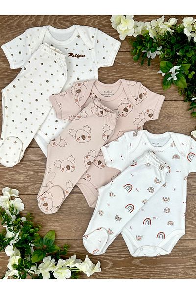 PATSAN Cotton 6-Piece Baby Set - 3 Snap Body + 3 Booties Bottom, Rainbow and Koala Points