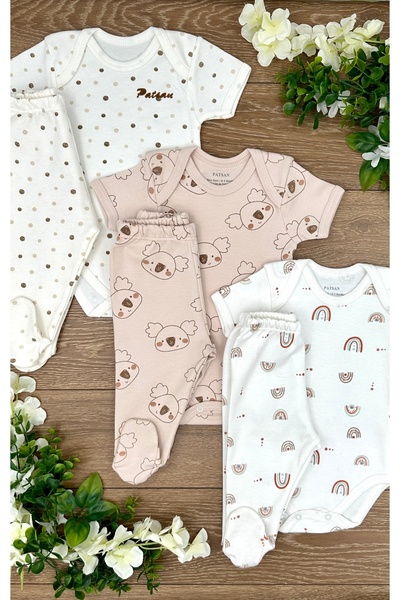 PATSAN 6 Parça Pamuklu Bebek Alt Üst Takımı (3 Çıtçıtlı Body + 3 Patikli Alt) Gökkuşağı Koala Puan