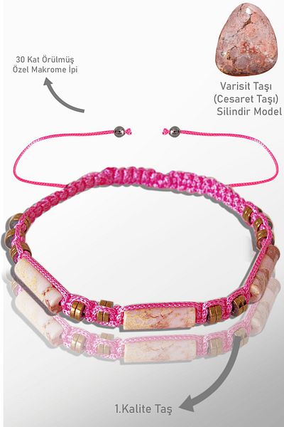 Tesbih Atölyesi Real Hematite Certified - Pink Variscite Stone Bracelet - Adjustable