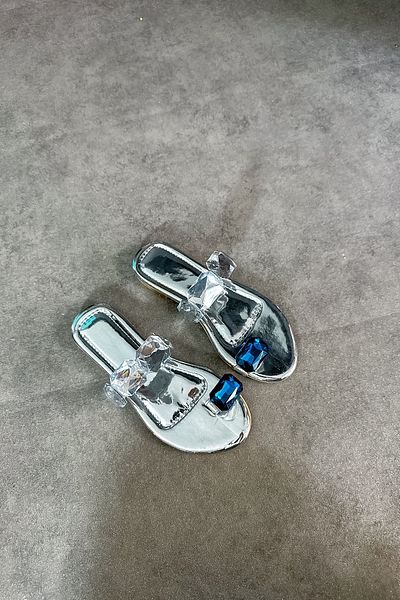 SHOEBELLAS Γυναικείες παντόφλες Zeyna Silver Color Single Blue Stone