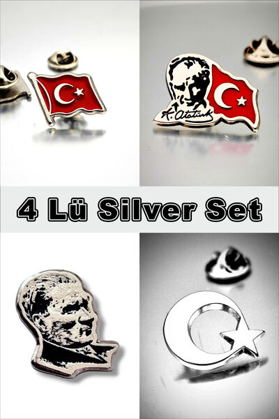 YÖRÜK TASARIM 4 Lü Yaka Rozeti Silver Set