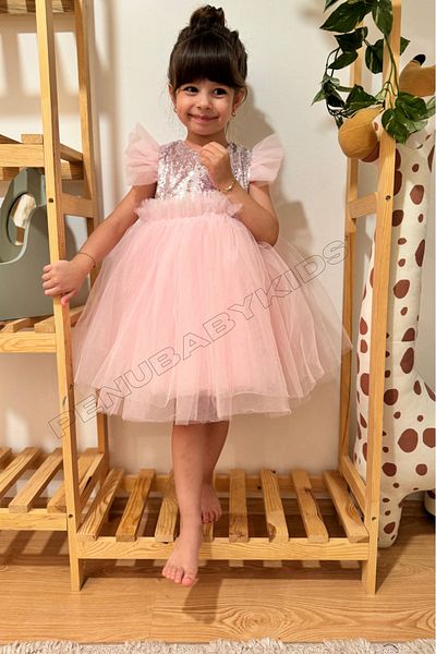penu baby kids Pink Sequined Tulle Skirt Sleeveless Girl's Dress