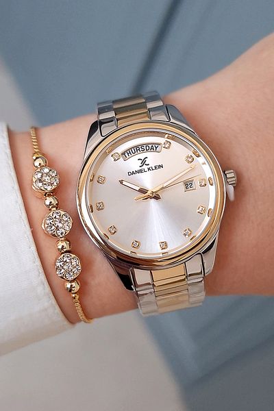 Daniel Klein 34mm Gold/Metallic Women's Wristwatch - Steel Bracelet with Rhinestones and Calendar, Jewelled Bracelet with Gift