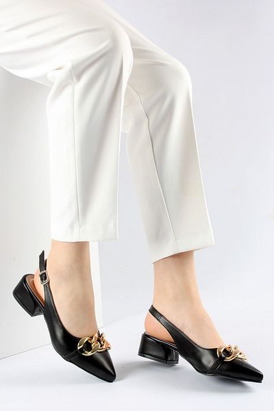 FORS SHOES Copy - Black Skin Chain Buckle Open Back Heeled Shoes 3 Cm
