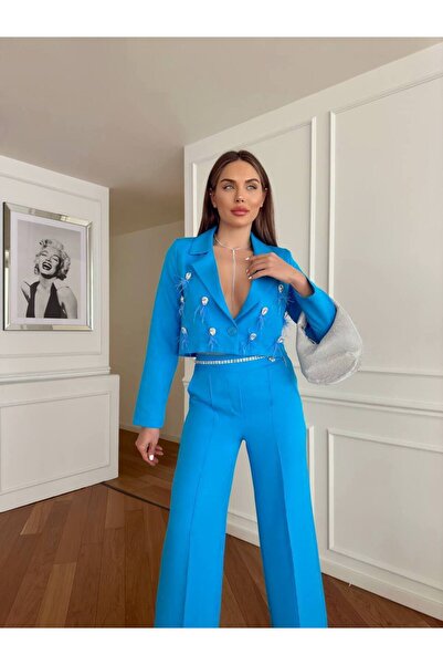 1Moda1Tarz Blue Imported Fabric Tasseled Women's Jacket and Chain Belt Trousers Set