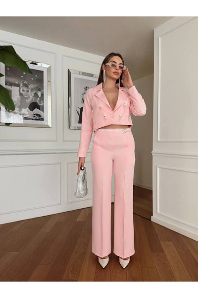 1Moda1Tarz Powder Colored Women's Jacket and Trousers Set - Imported Fabric, Tassel Detail, Waist Chain