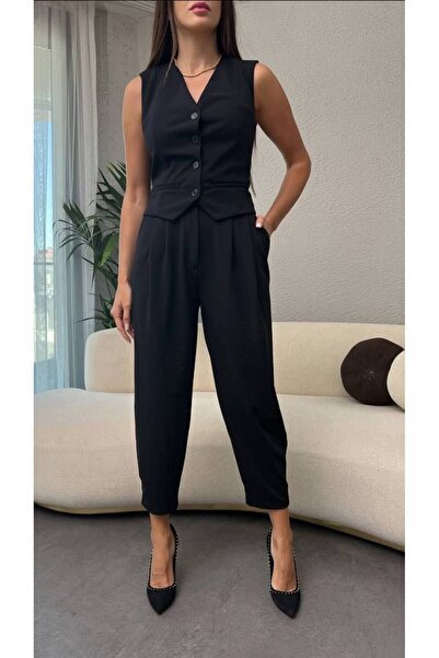 edzmoda طقم سترة نسائية مميزة مبطنة باللون الأسود وبنطلون شالوار بجيوب وأزرار