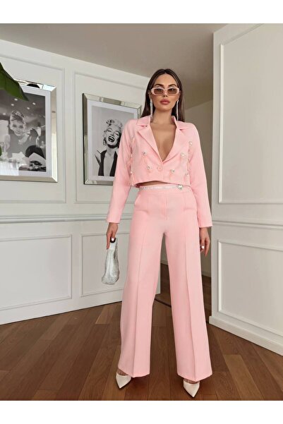 1Moda1Tarz Powder Colored Women's Jacket and Trousers Set - Imported Fabric, Tassel Detail, Waist Chain