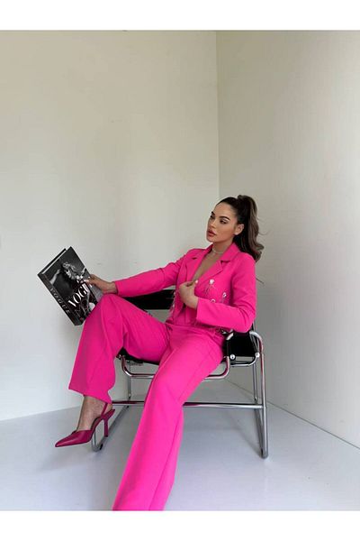 1Moda1Tarz Pink Imported Fabric and Tasseled Women's Jacket and Chain Belt Trousers Set