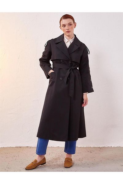 Kayra Bone Buttoned Oversize Trench Coat Black Ka-A23-14022