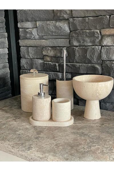 Polen Stone طقم حمام من الترافرتين موديل جديد مكون من 6 قطع مع حامل مناشف ووعاء قائم