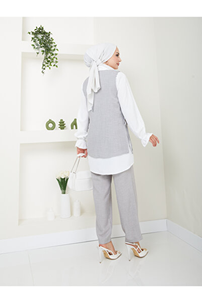 VOLT CLOTHİNG Linen Women's Shirt Set - Side Tie and Stone Embroidered Set of 3