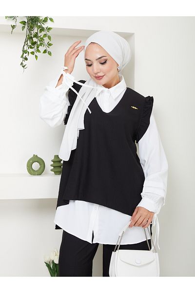 VOLT CLOTHİNG Trend Fabric Γυναικείο Σετ Hijab - Σετ Πουκάμισο και Γιλέκο 3 τεμαχίων