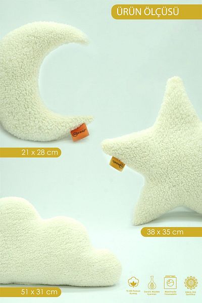 mordesign Premium Plush Decorative 3 Piece Pillow Set - Cloud Star Moon Baby Pillow, Teddy Fabric