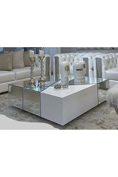 LUXURY VİLLA Luxury Gümüş Aynalı Beyaz Camlı Tekerlekli Orta Sehpa 90x90 Yükseklik 30cm