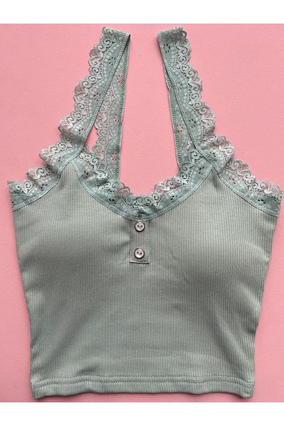LEYNA BUTİK 3 Pieces Women's Blouse with Corded Fabric and Lace Detail - Half Undershirt with Removable Pads (Dried Rose-White-Green)