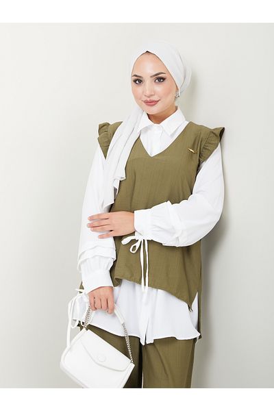 VOLT CLOTHİNG Trend Fabric Γυναικείο Σετ Hijab - Σετ Πουκάμισο και Γιλέκο 3 τεμαχίων