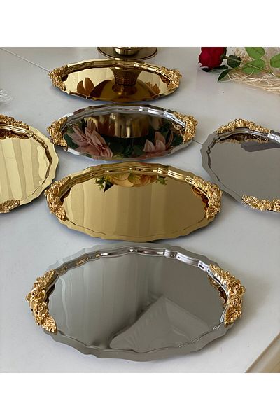 Elzemm store 6 Pieces 20*25 CM Gold and Silver Model Presentation Tray with Oval Handles