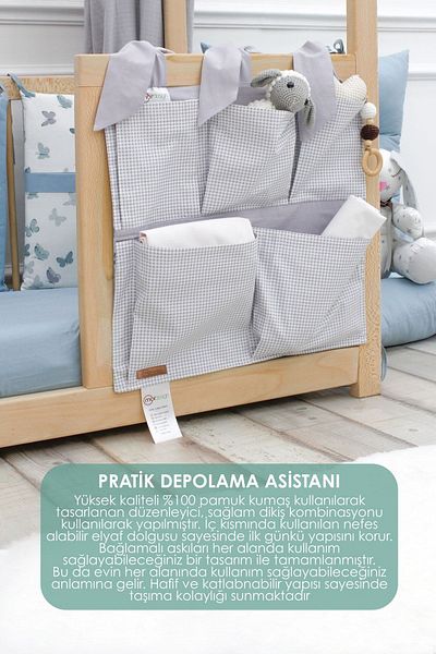 mordesign Gray Plaid Patterned Newborn Crib Side Organizer - Baby Room Series with 5 Pockets