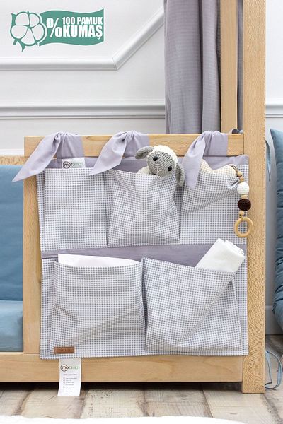 mordesign Gray Plaid Patterned Newborn Crib Side Organizer - Baby Room Series with 5 Pockets