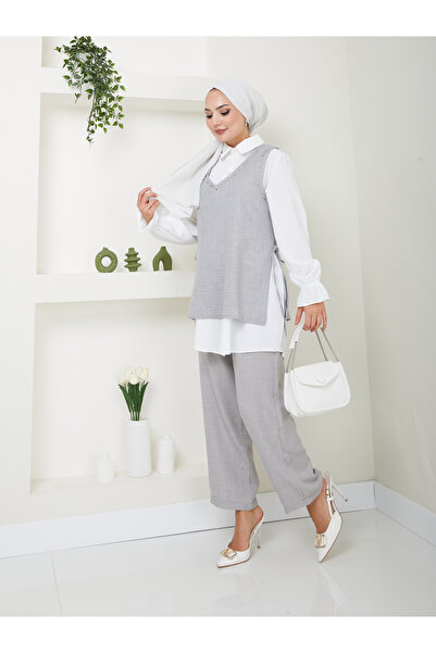 VOLT CLOTHİNG Linen Women's Shirt Set - Side Tie and Stone Embroidered Set of 3