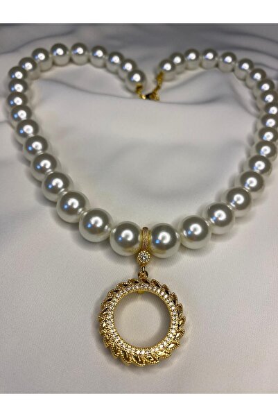 ENT COLLECTİON Yarım Altın Uyumlu Incili Kolye - Yarım Çerçeveli Kolye -inci ...