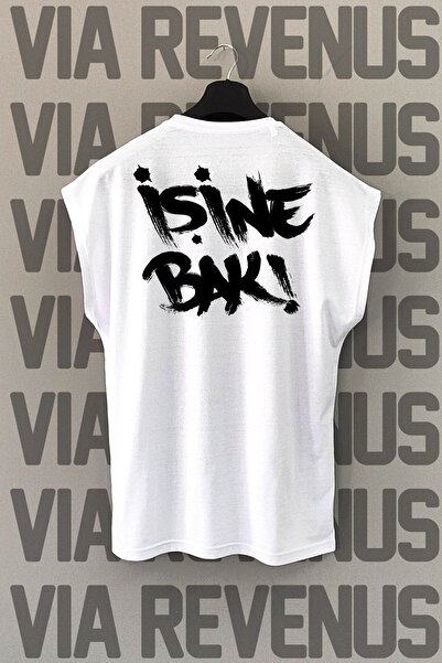 Vordevia Tricou sport alb - Uită-te la muncă, imprimeu pe spate, mânecă zero