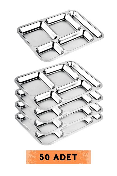 TAMU 50 Person Self-Service Stainless Steel Metal Table D'hote - 28x40cm, 5 Compartment Plate (50 PCS)