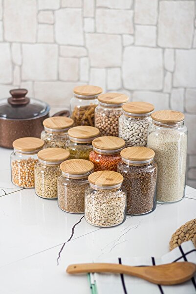 TAMU Set of 12 Vacuum Glass Jar Storage Containers with Bamboo Lid (1300ml-800ml-500ml) 3 Sizes