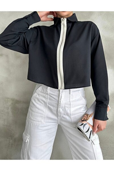 Gönen Passage KADIN CROP GÖMLEK ÖN FERMUAR DETAYLI ŞIK YOUNG TARZ GÖMLEK