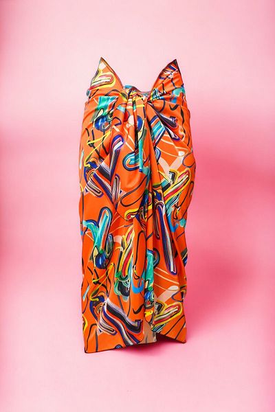 pistore Orange Geometric Patterned Long Pareo Satin Women's Beach Dress New Season