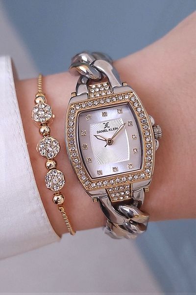 Daniel Klein Women's Wristwatch and Bracelet Set with Chain and Metallic Stone Detail - Gift